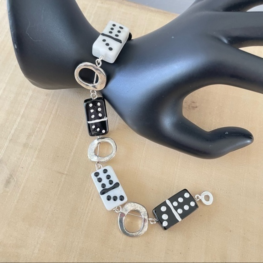 Handmade Chunky Glass Domino Bracelet Black & White 8.25” Mod Retro Geometric - Picture 2 of 3